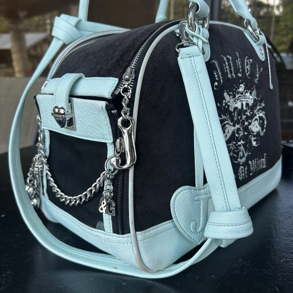 Rare Vintage Y2K Juicy Couture Dog Carrier Ice Blue Velour Blingy Bowling Bag Sm